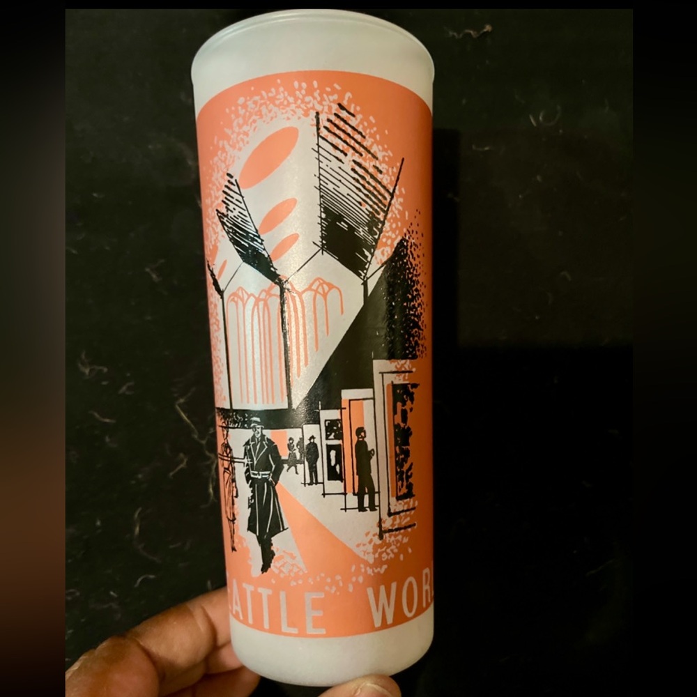 1962 World's Fair frosted glass, printed image of the Fair's attractions, text